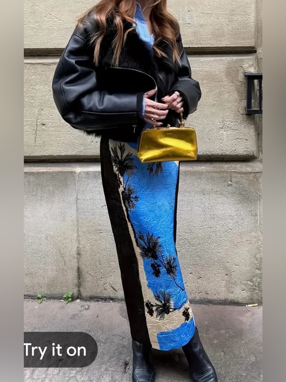 Zara Blue Black Palm-Print Midi Skirt Size L